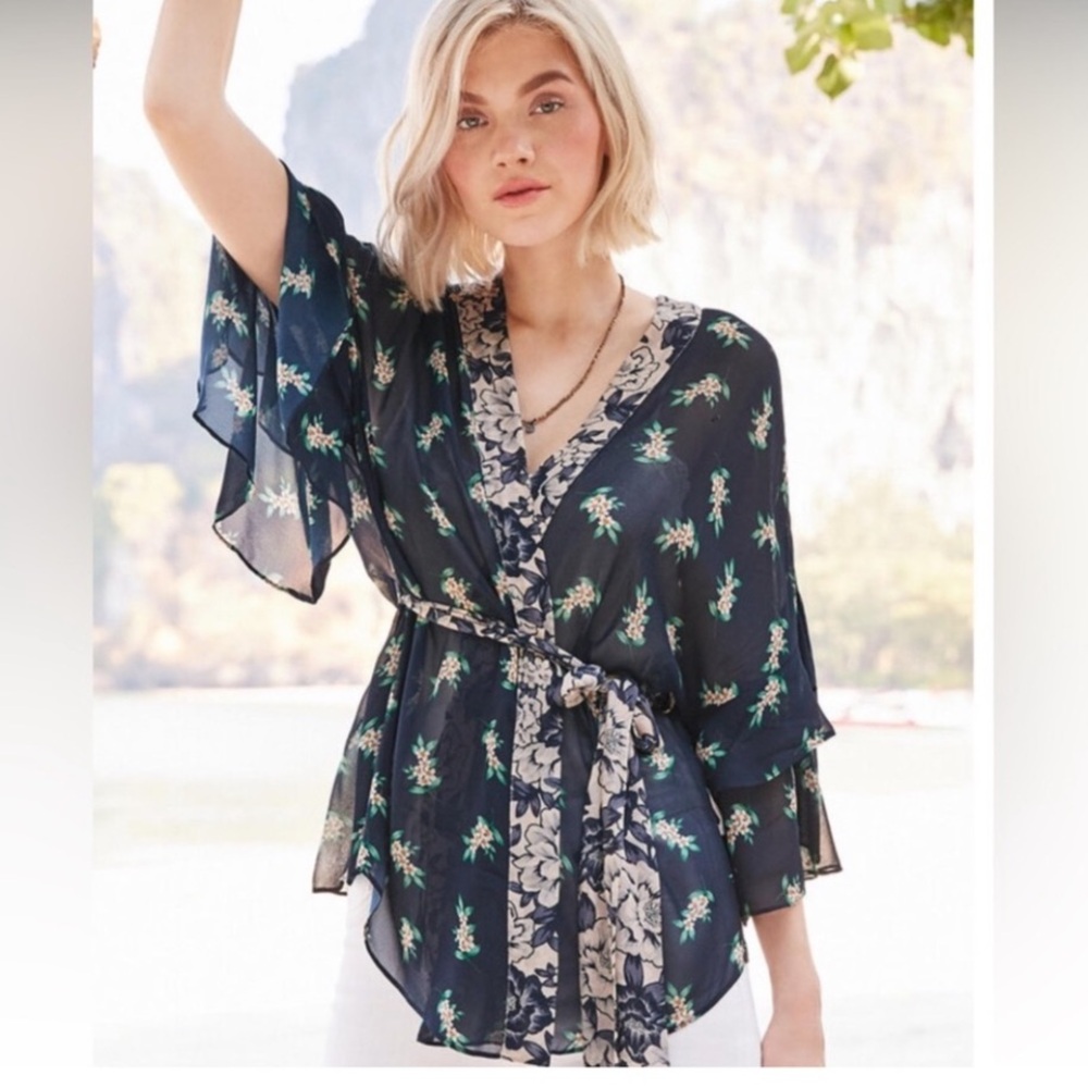 Jade Johnny Was Ezra Mixed Blue Floral Sheer Belted Wrap Top Size L/XL